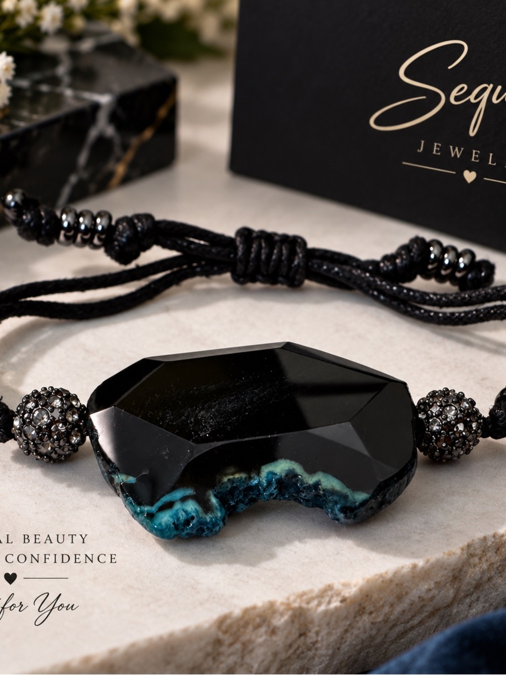 Black & Teal Agate Adjustable Bracelet